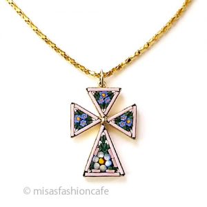イタリア製 お花モザイク クロス十字架ネックレス