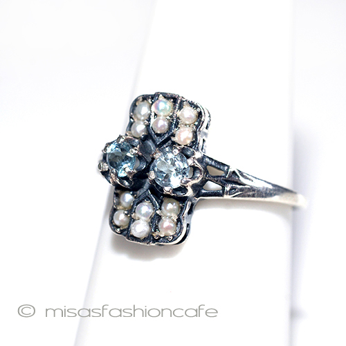 真珠アクアマリン　リング　 スターリングシルバー刻印 front view