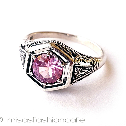 アンティーク銀製リング ピンクサファイア　指輪 3/4 view top