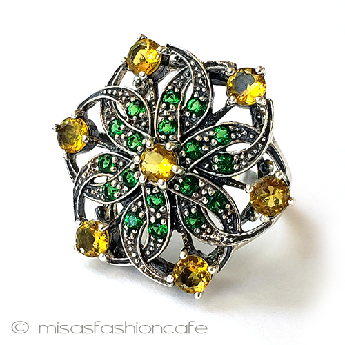アンティークリング　花 エメラルド＆シトリン front view
