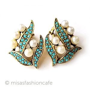 ヴィンテージイヤリング パール花ターコイズ