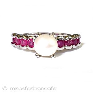 真珠と天然石ルビー指輪 スターリング刻印リング