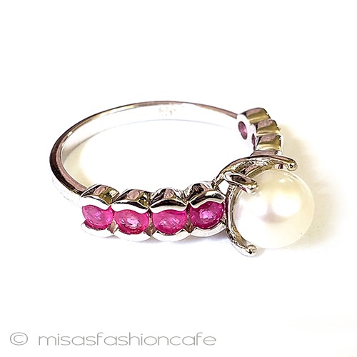 真珠と天然石ルビー指輪 スターリング刻印リング 3/4 view left