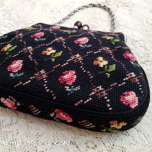 ビンテージバッグ（大） ローズ花プチポアン刺繍 3/4 view